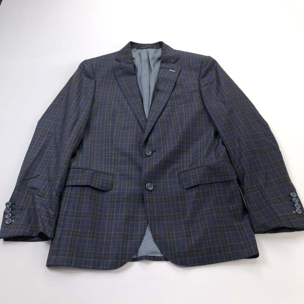 J. Hilburn 41R Men's 100% Wool Button Blazer Sport Coat Jacket Plaid Blue Brown
